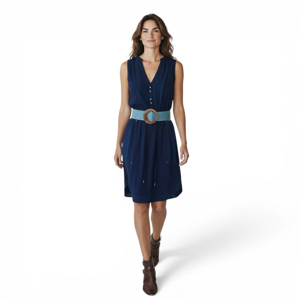 Anthropologie Maeve Navy Sleeveless Dress XS V Neck Pleated w/ pockets